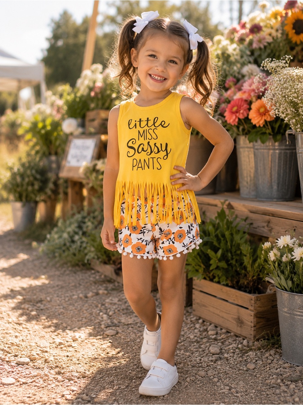 Boutique “Little Miss Sassy Pants” Fringe Tank & Floral Pom-Pom Shorts Set |3-4Y